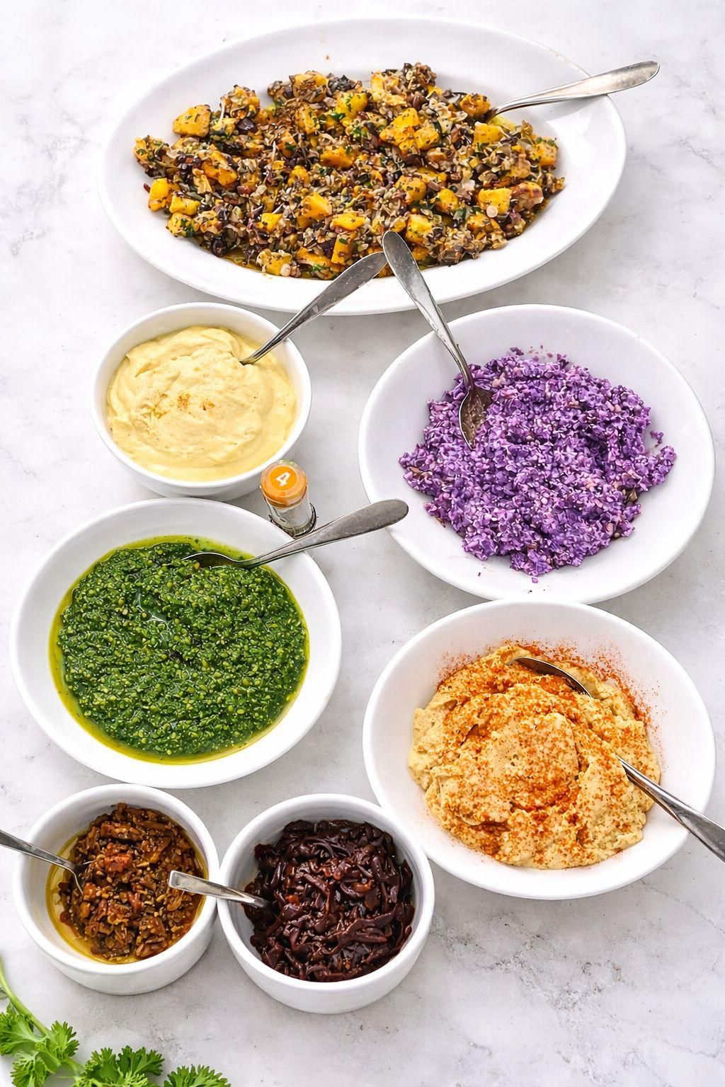 bowls pesto purple cream condiments