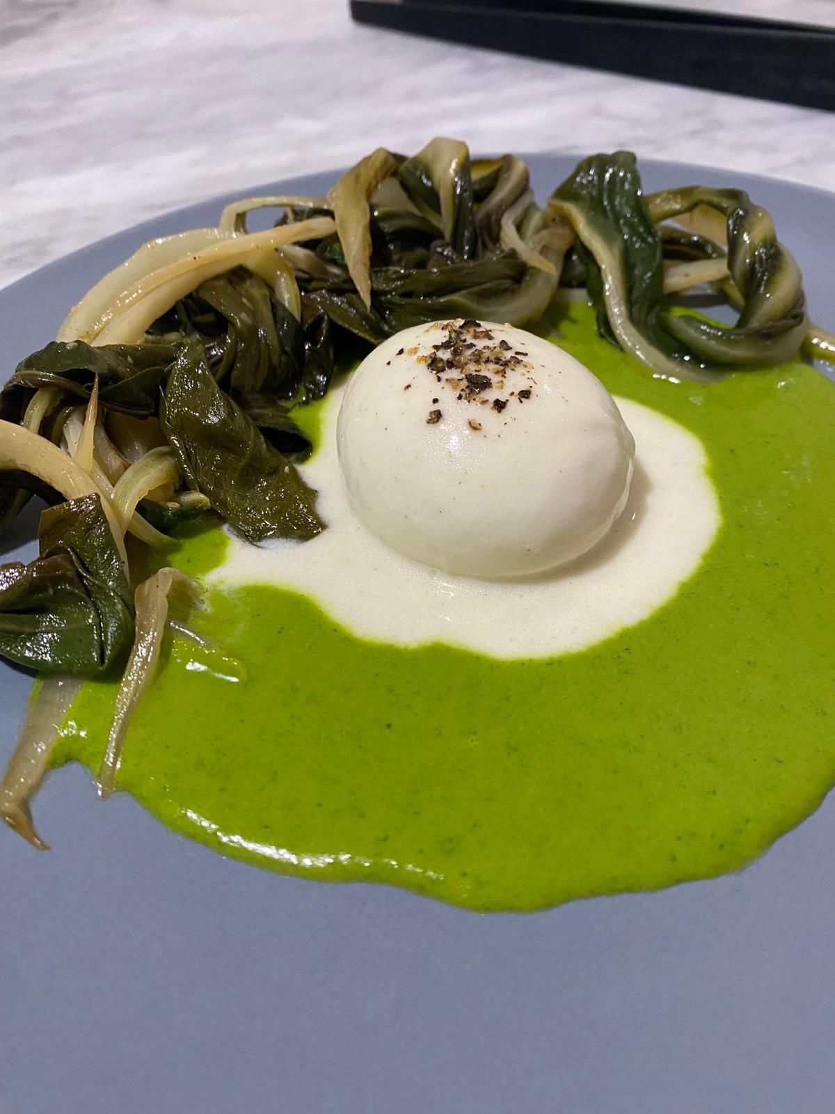poached egg green chard sauce