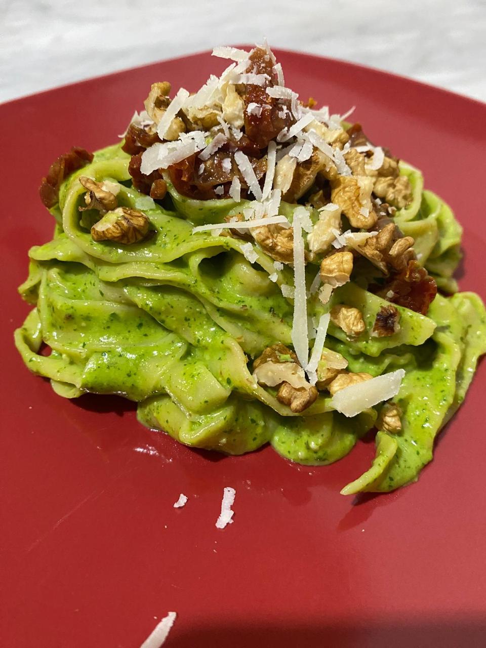 tagliatelle with green pesto walnuts parmesan